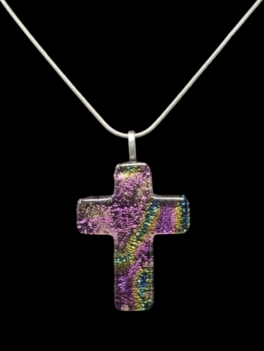 HANDMADE DICHROIC ART FUSED GLASS CROSS NECKLACE